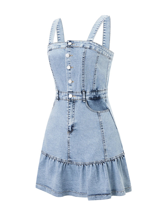 Women s Sleeveless Denim Jumpsuit with Button Up Front and Square Neckline Solid Color Overall Mini Dress for Summer Beachwear