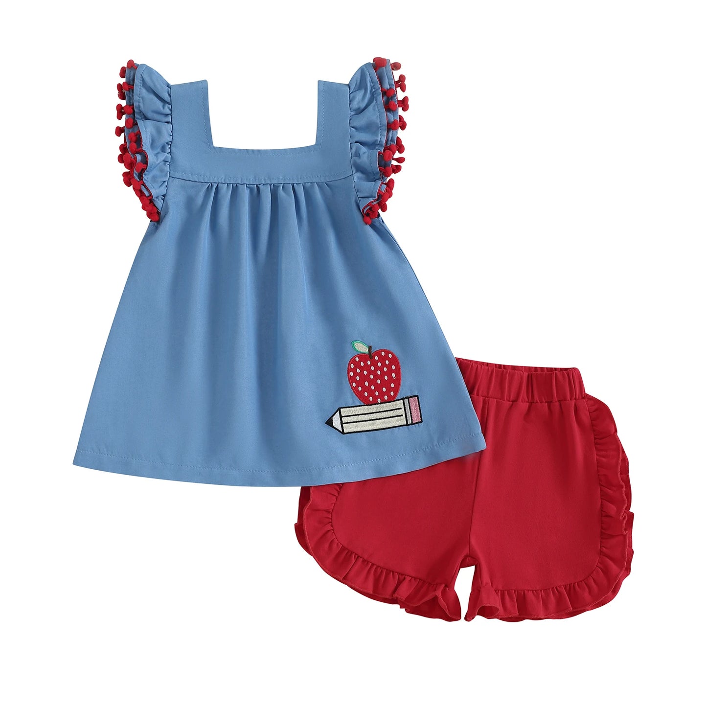 Girls Back to School Outfits Cute Apple Pencil Embroidery Top with Flutter Sleeves and Elastic Waist Shorts Set for Summer (2