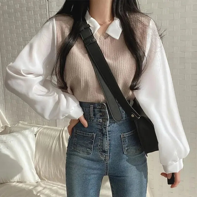 Summer Blouse Women Korean Style False Two-piece Polo Collar Blouses Y2k Tops Streetwear Loose Youth Pullovers Elegant Shirt