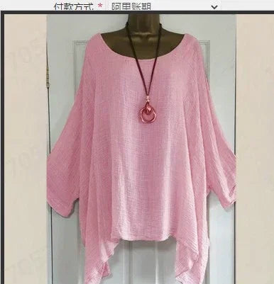2024 Women t-shirts Plus Size 5XL T-Shirt Linen O Neck Casual Loose Shirt Summer Autumn New Solid Batwing Long Sleeve