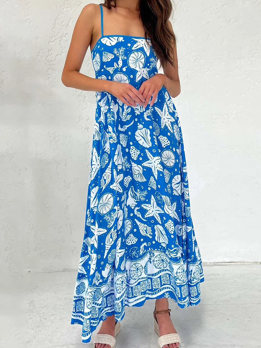 Women s Elegant Floral Print Sleeveless Maxi Dress with Adjustable Spaghetti Straps and A-Line Silhouette for Summer Beach