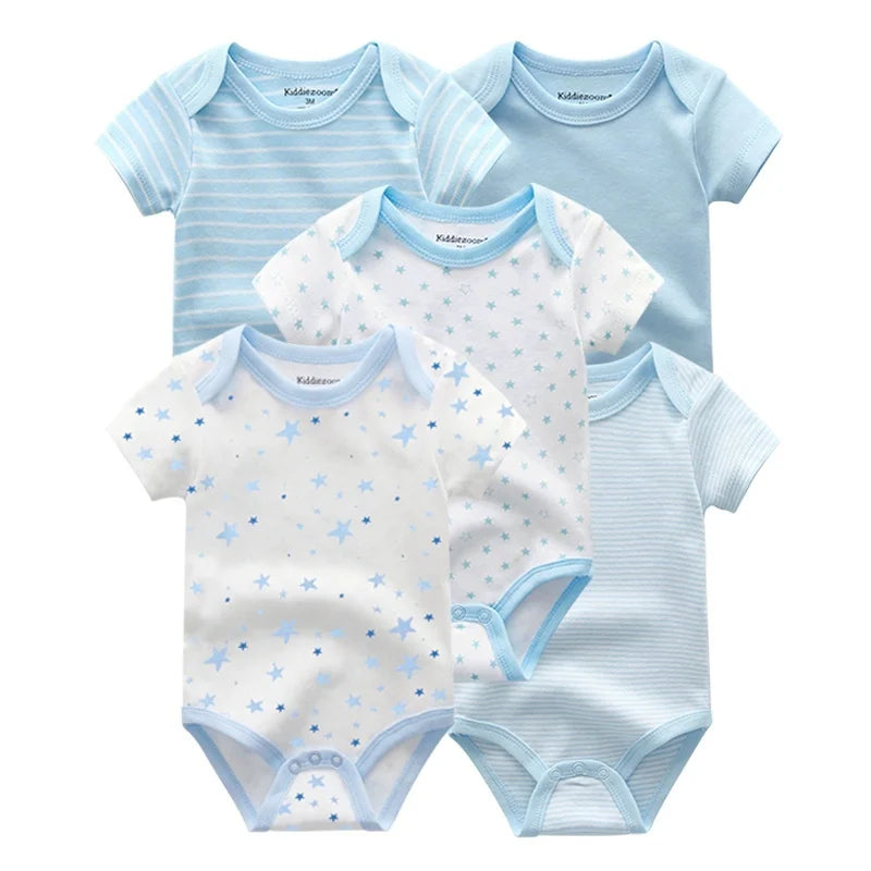Kiddiezoom 5 Piece Summer Fashion Cartoon Boys and Girls Bodysuits 100% Cotton Soft Newborn Bodysuit Set Gift