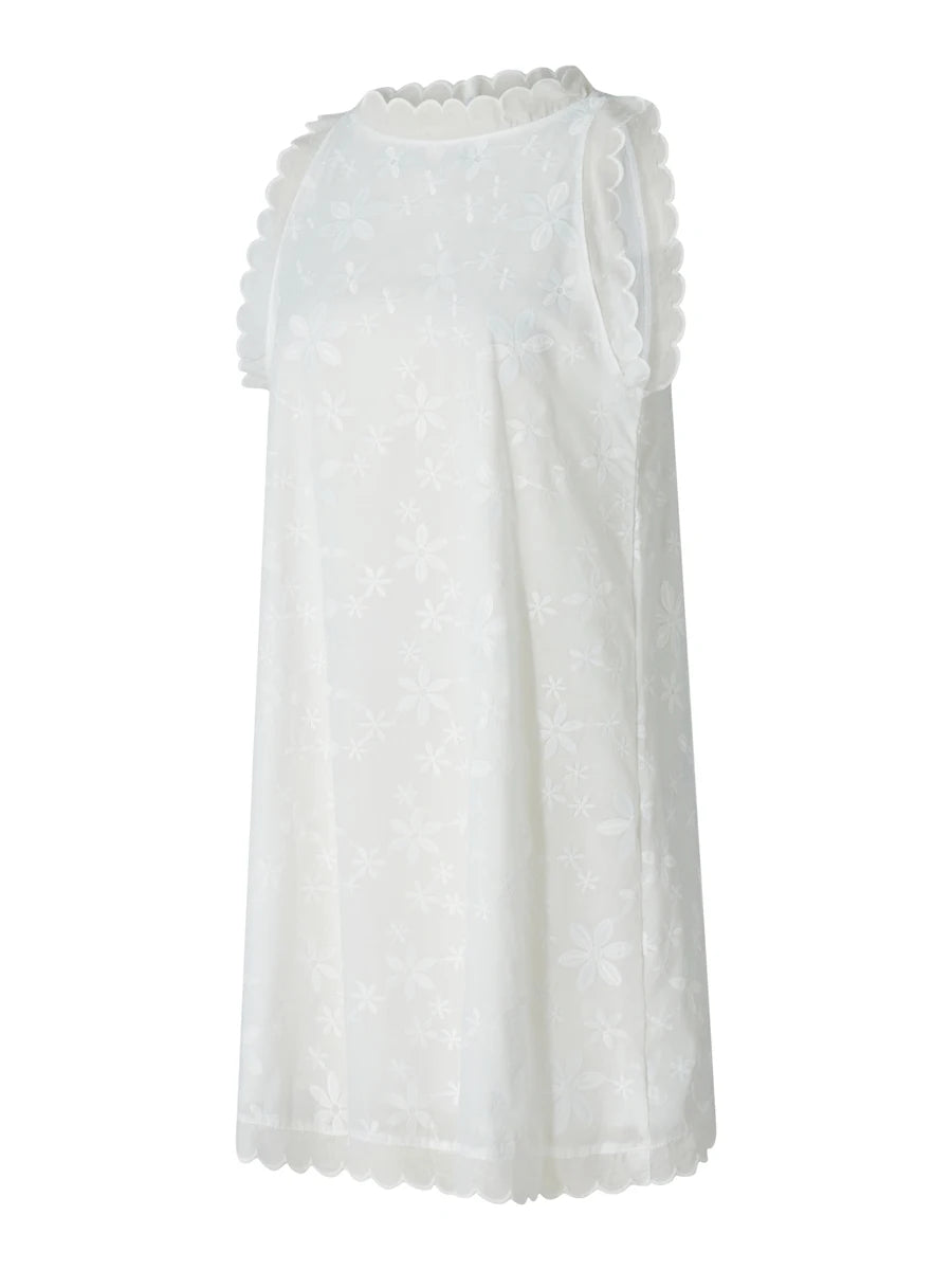 Women Summer Casual Short Dress Flower Lace Crew Neck Sleeveless Sweet Dress Fashion Mini Dress