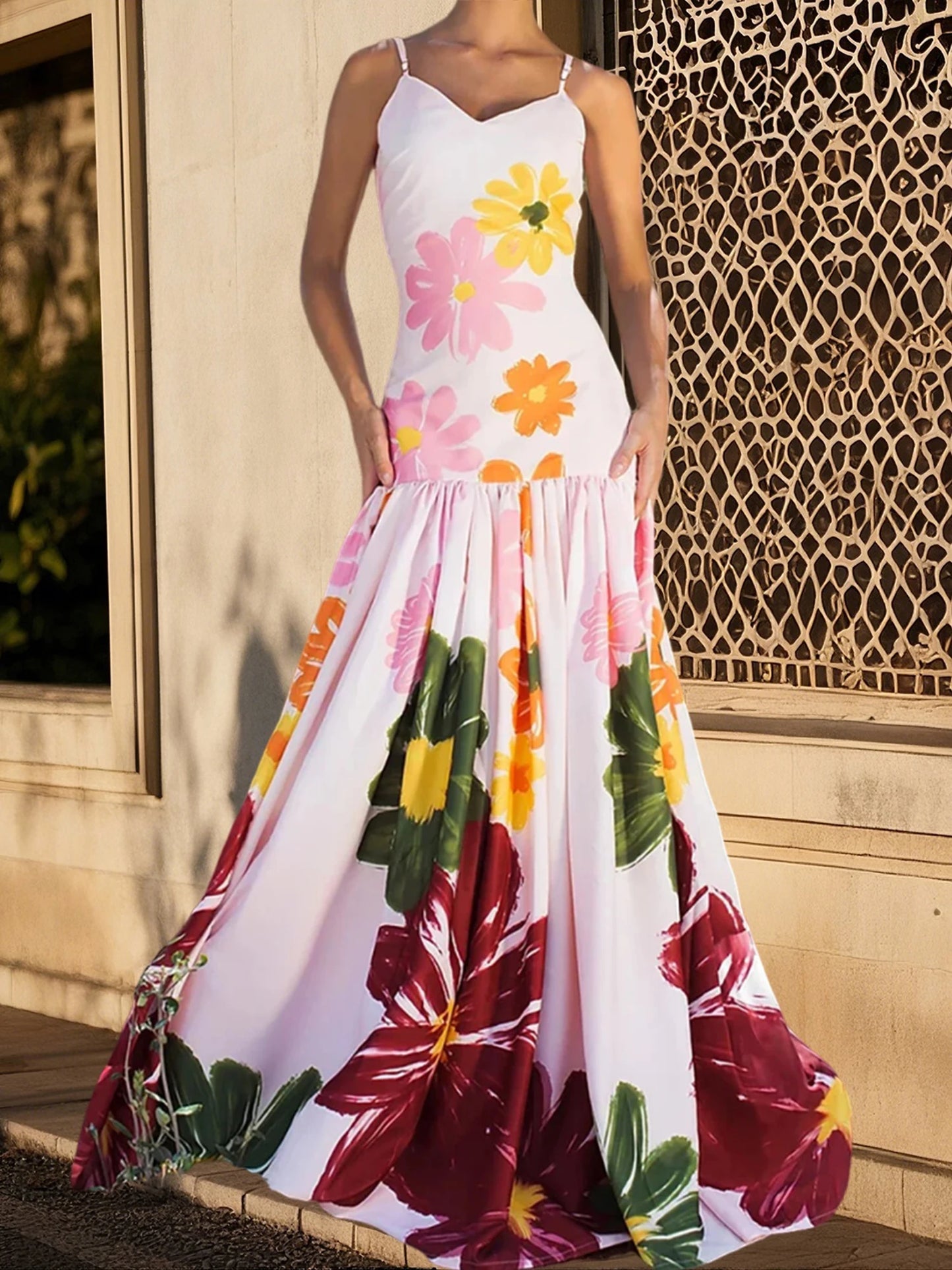 Women s Boho Floral Print Spaghetti Strap Maxi Dress Sleeveless Flowy Hem Summer Beach Cami Dress with Pockets