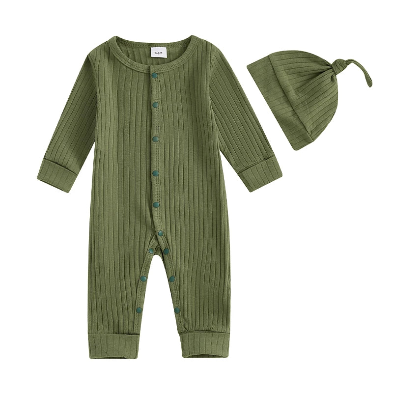 Infant 2-Piece Autumn Ensemble Cozy Knit Romper with Beanie Set Baby Clothing for Newborns