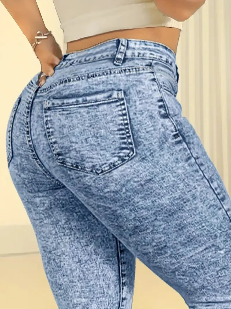 Women's casual high waist elastic slim butt lift tight feet fashionable simple washing snowflake nine-point jeans