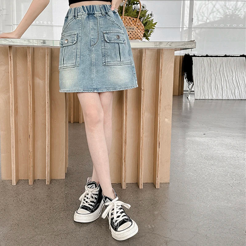 Summer Teen Girls Skirt Kids Casual Blue Denim Dresses With Pockets Design Tween Girls Casual Short Dress Toddler Ages  4-14Y