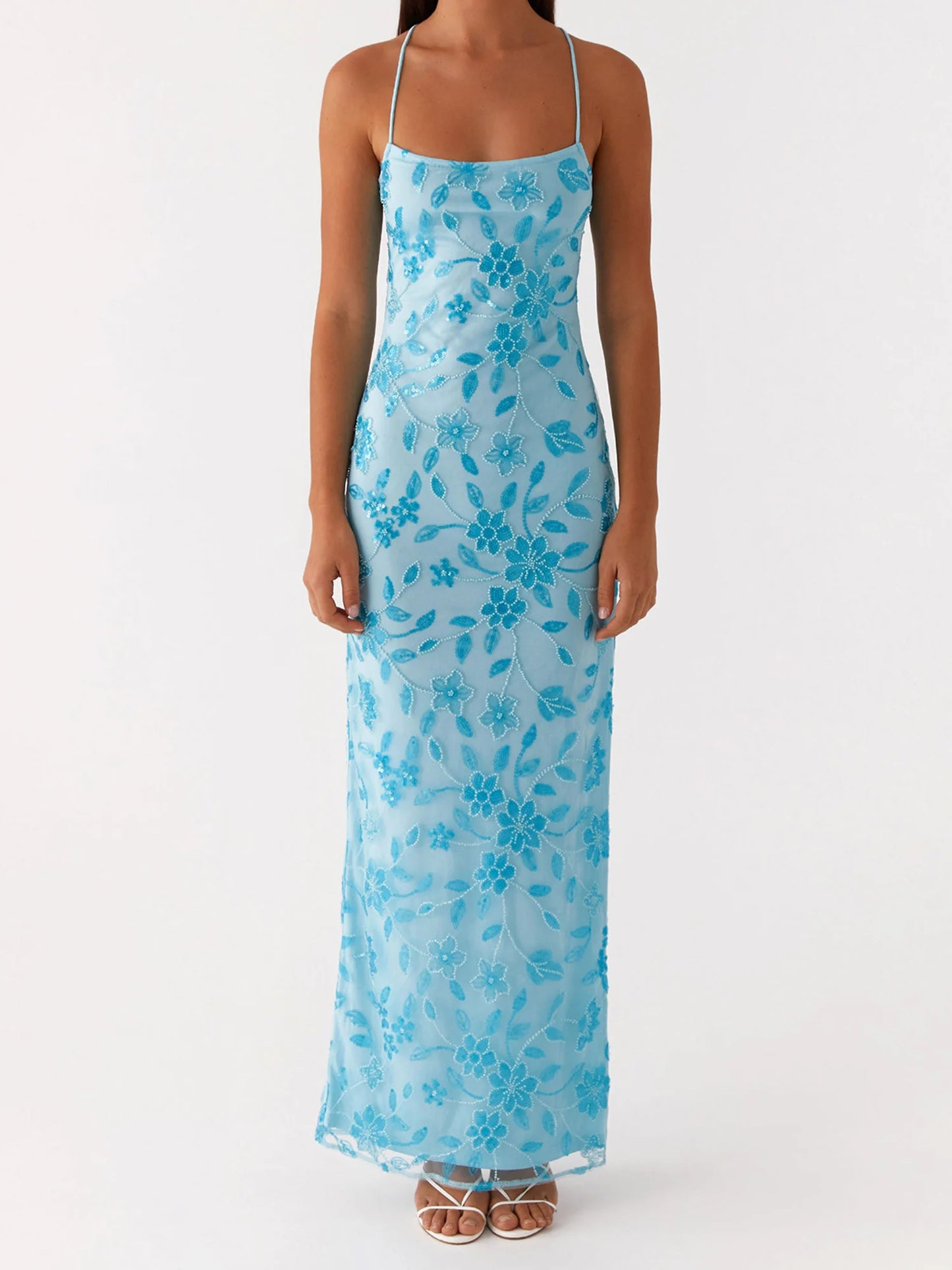 Elegant Sequin Embellished Maxi Dress with Floral Appliques and High Side Slit Perfect for Evening Party or Clubwear