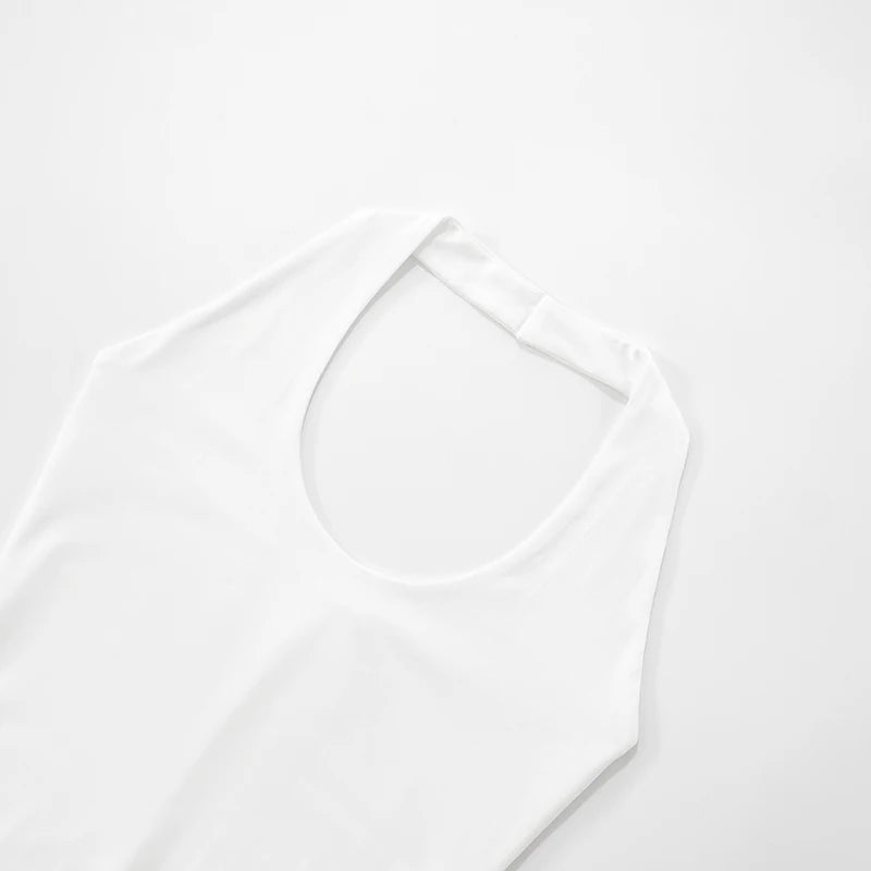 CUTENOVA Women Solid Color Sleeveless Hanging Neck Backless Shrinking Pleated Flutter Bandage Wrap Hip Split Floor Length Dress