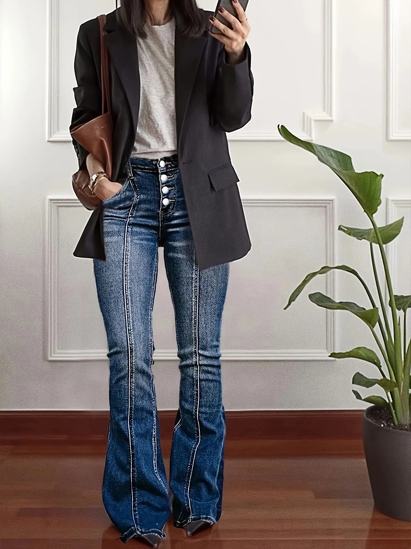 High-waisted wide-leg button front dark wash bell-bottom jeans for women