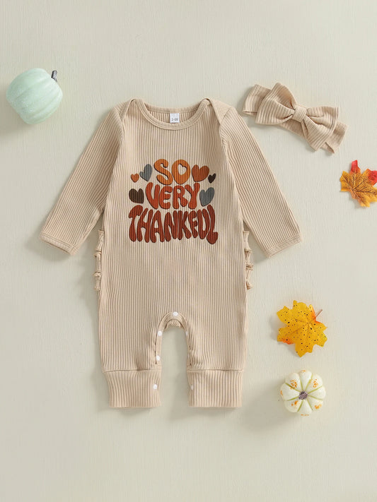Thanksgiving Baby Girl Romper Long Sleeve O Neck Letter Turkey Print Jumpsuit with Matching Headband Set for Fall Holiday