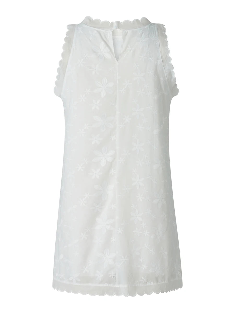 Women Summer Casual Short Dress Flower Lace Crew Neck Sleeveless Sweet Dress Fashion Mini Dress