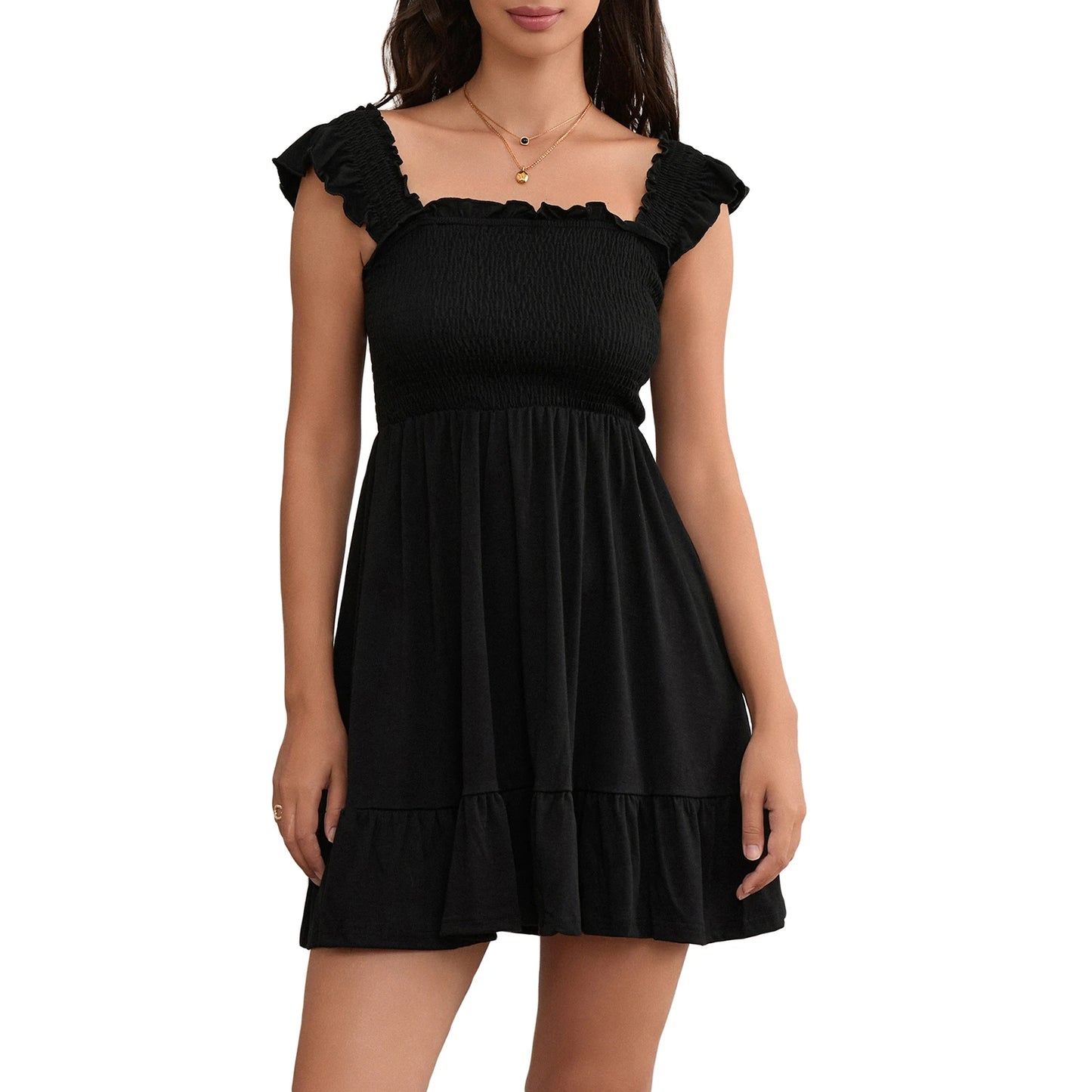 Women Solid Color Mini Dress Fly Sleeve Ruched A-line Dress Fashion Summer Casual Dress