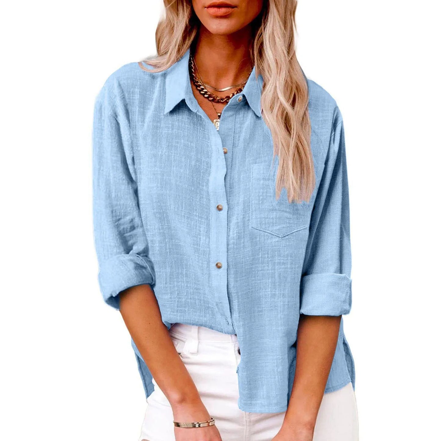 Women's Fashion Solid Color Cotton and Linen Shirt Autumn Long Sleeve Button Solid Color Loose Shirt Casual Large Size Shirt
