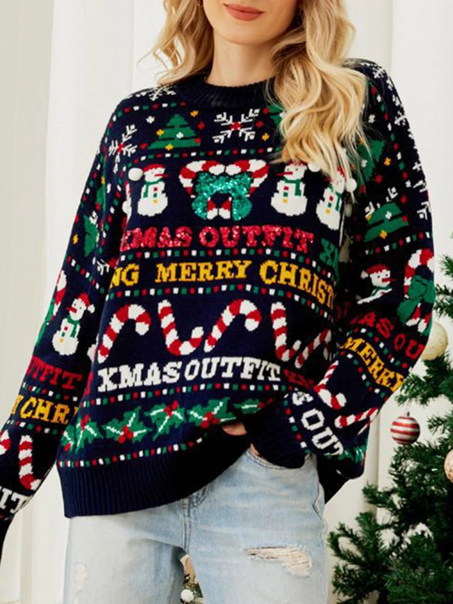 Women s Ugly Christmas Sweaters Long Sleeve Santa Snowman Print Loose Knit Pullovers
