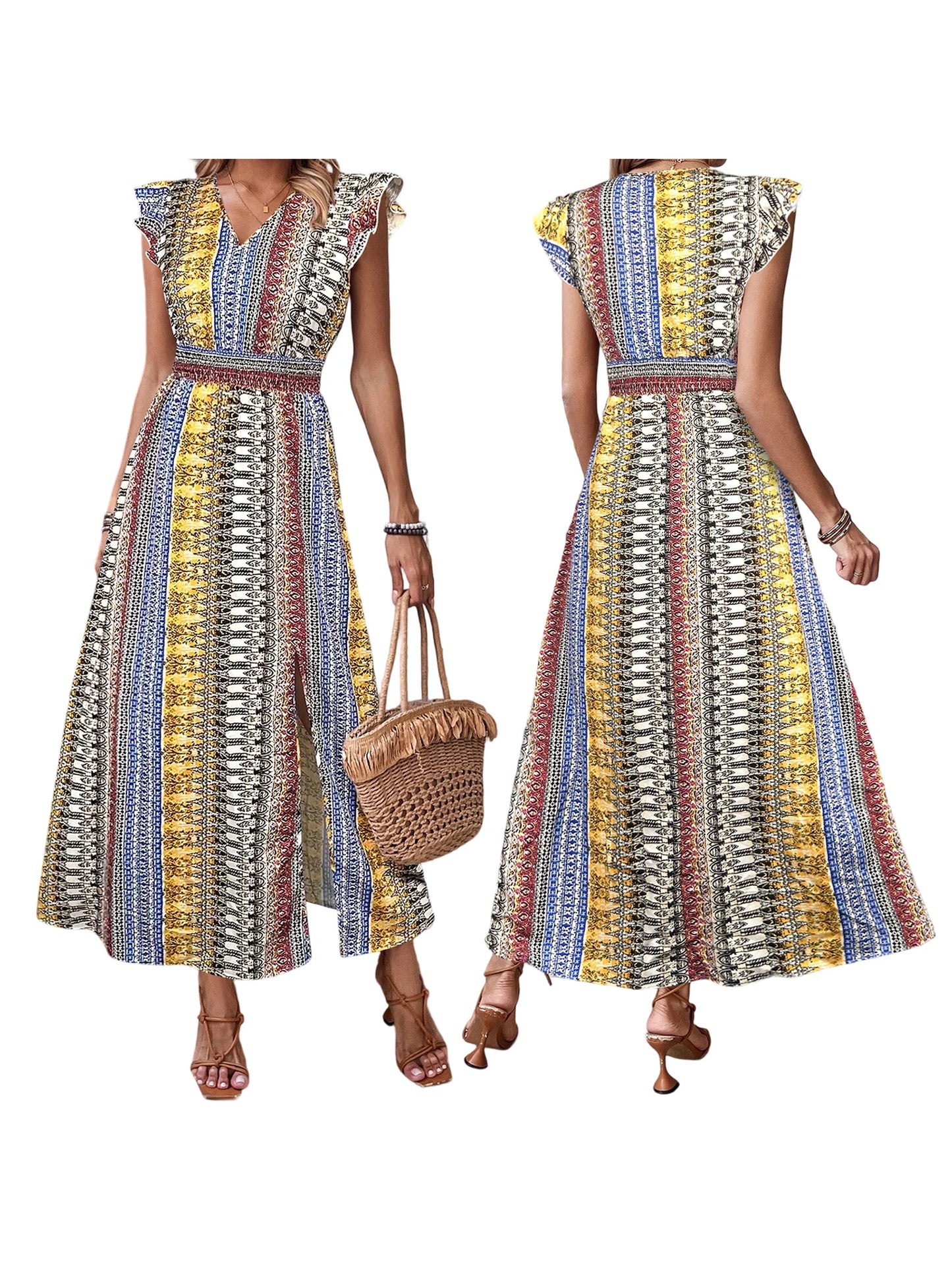 Elegant Floral Print Maxi Dress with Ruffle Sleeves and Side Slit Perfect for Summer Parties and Club Nights