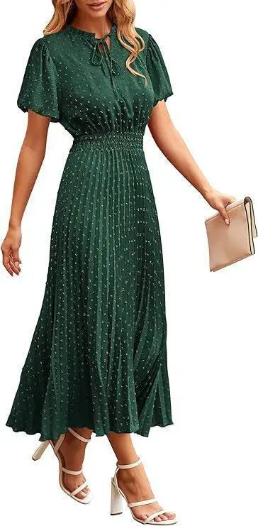 Women's Spring Fall Midi Dress Casual Long/Short Sleeve Elegant and fashionable V Neck Swiss Dot Pleated A Line Flowy Dresses