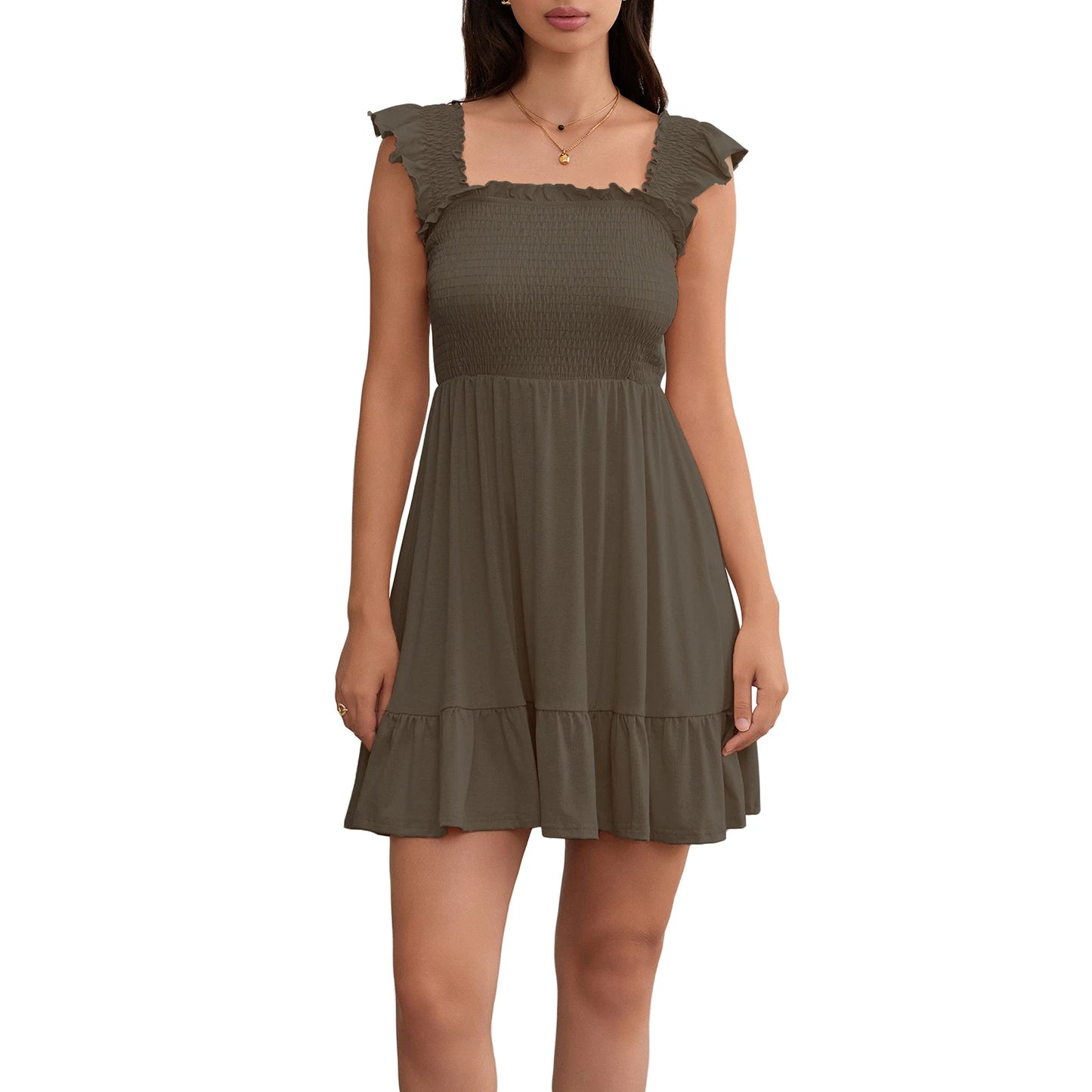 Women Solid Color Mini Dress Fly Sleeve Ruched A-line Dress Fashion Summer Casual Dress