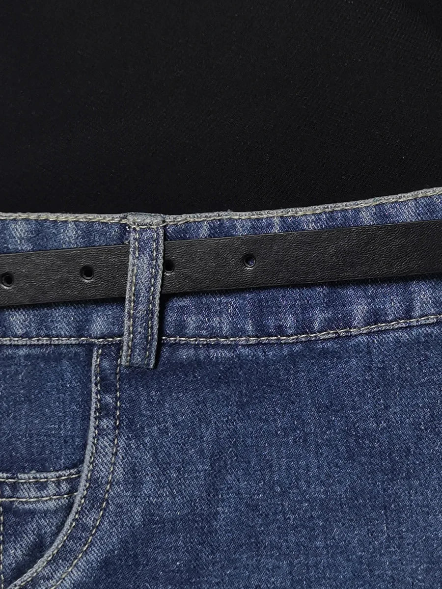 Women’s Trendy High Waist Patchwork Pants Black Bodycon Shorts Top with Blue Jean Bell Bottom Overlay and Punk-Inspired