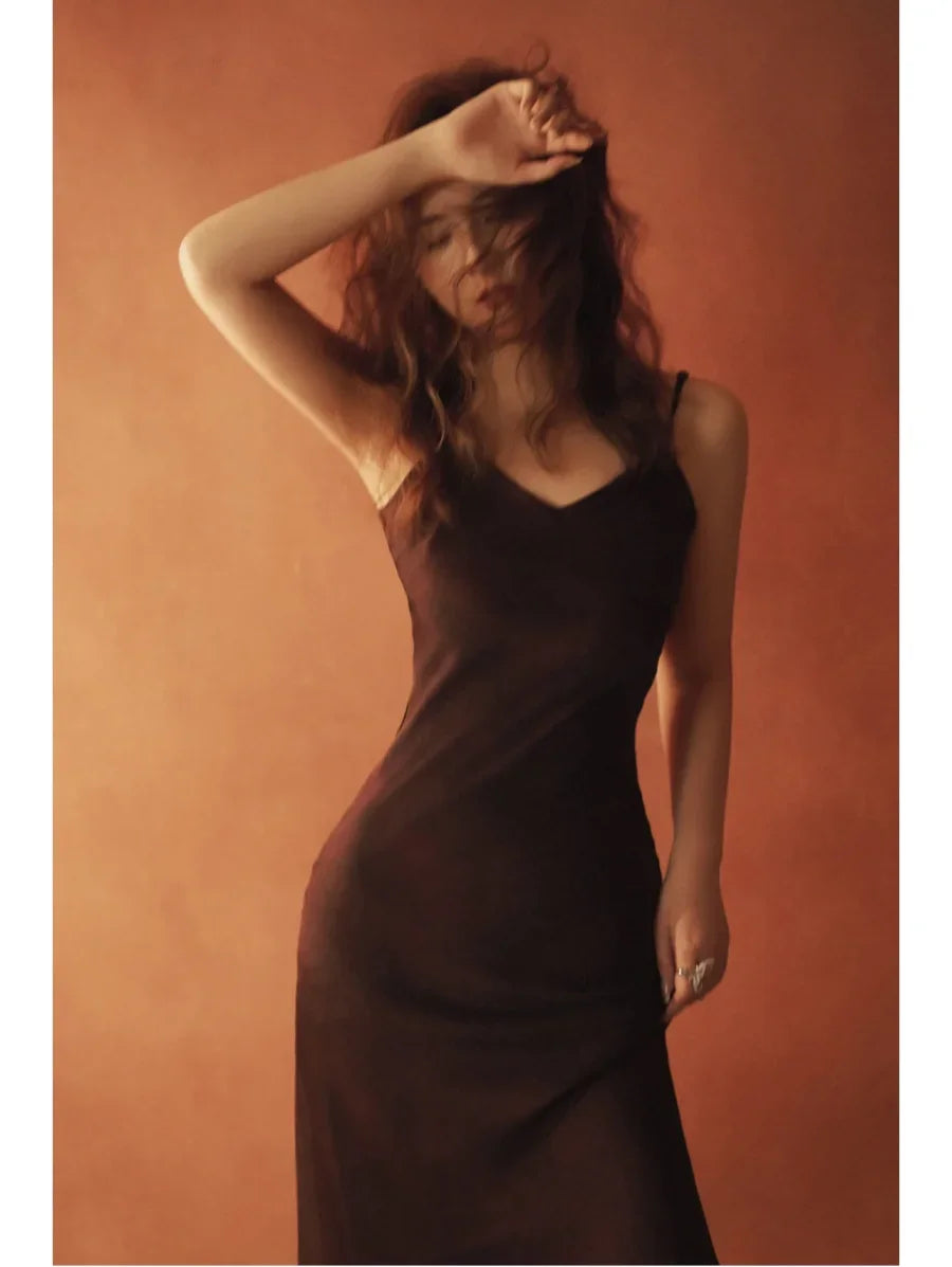 2025 Spring New TRAF Elegant women's fashion silk satin texture MIDI dress sexy backless party slip dress