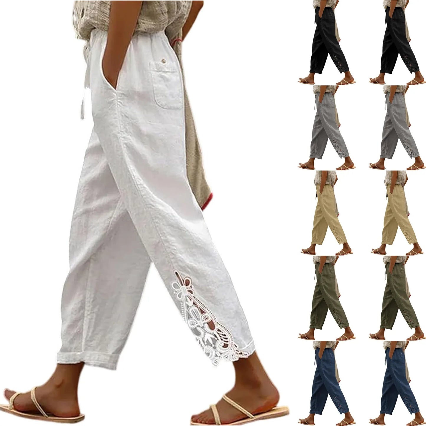 Women'S Casual Solid Color Lace Splicing Design High Waist Drawstring Pocket Nine Minute Pants Pantalones De Mujer Cargo Pants