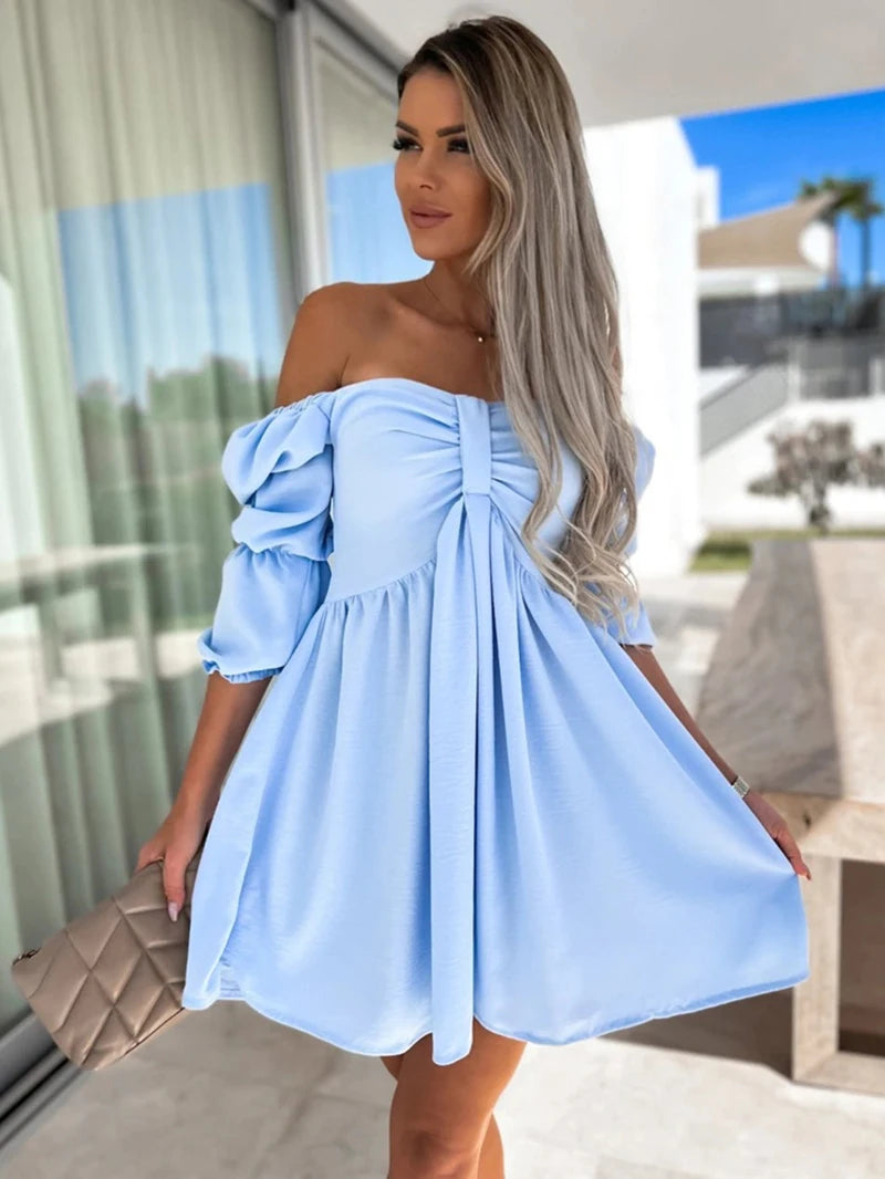 2025 Spring&Summer New Arrival: Sexy Holiday Style One Word Collar Solid Color Strapless Sleeve Short Dress - Light Blue