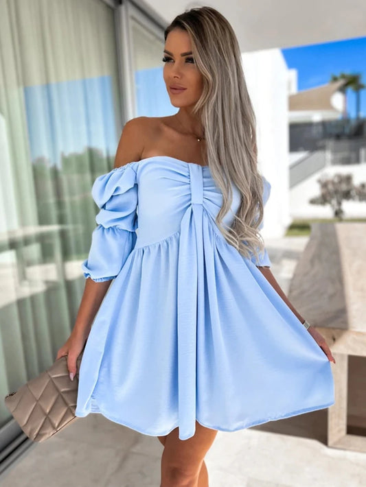 2025 Spring&Summer New Arrival: Sexy Holiday Style One Word Collar Solid Color Strapless Sleeve Short Dress - Light Blue