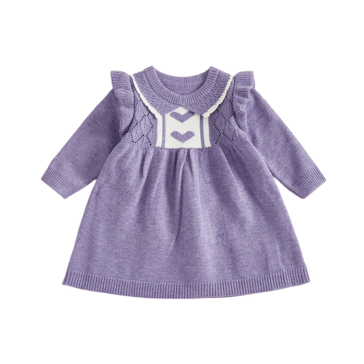 Girls Heart Print Knit Sweater Dress with Long Sleeves Round Neck and A-line Silhouette - Adorable and Stylish Option for