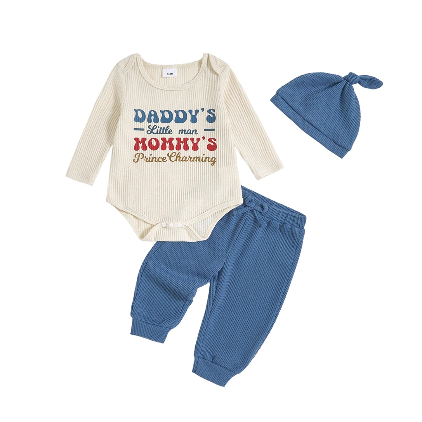 Adorable Infant Unisex Clothing Set with Printed Romper Joggers Pants and Hat - Long Sleeve Crew Neck Outfit for Newborn Boy