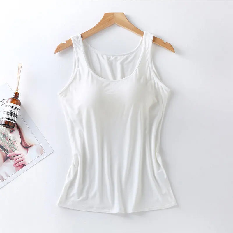 2023 Women's Vest Tops with Built In Bra Neck Vest Solid Color Padded Slim Fit Tank Tops Sexy Shirts Feminino Casual Tank Tops