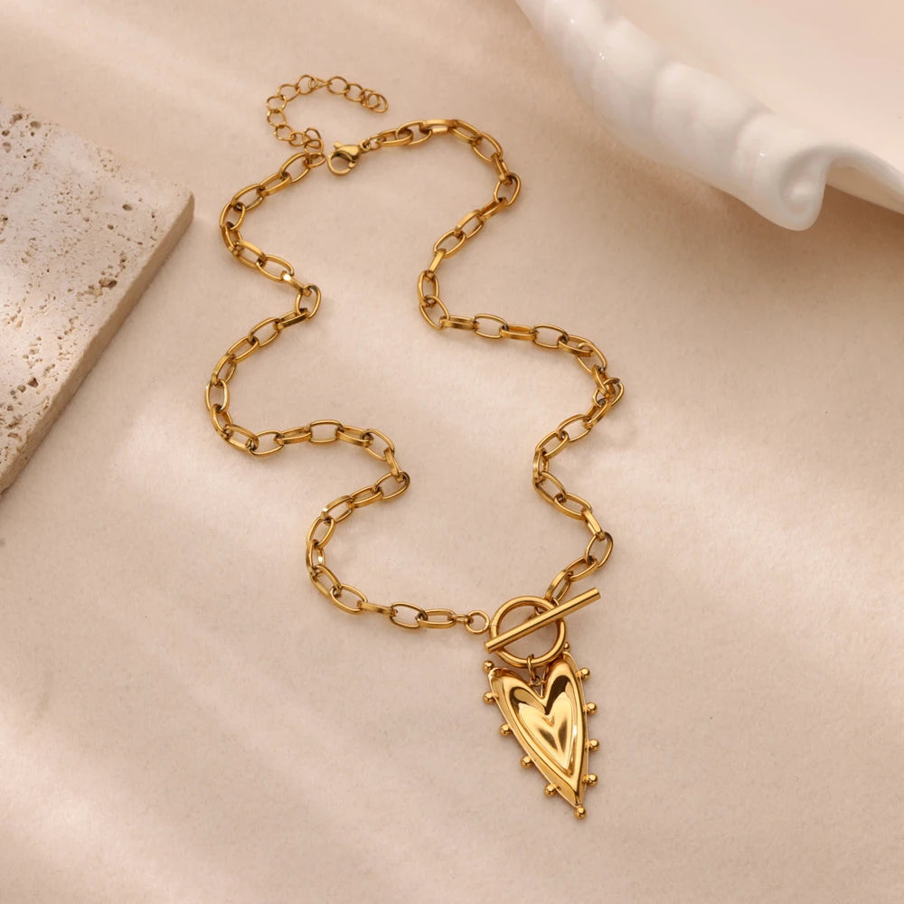 Punk Gold Color Heart Pendant Necklace for Women Stainless Steel Buckle Beaded Neck Chain Choker Y2K Jewelry Accessories