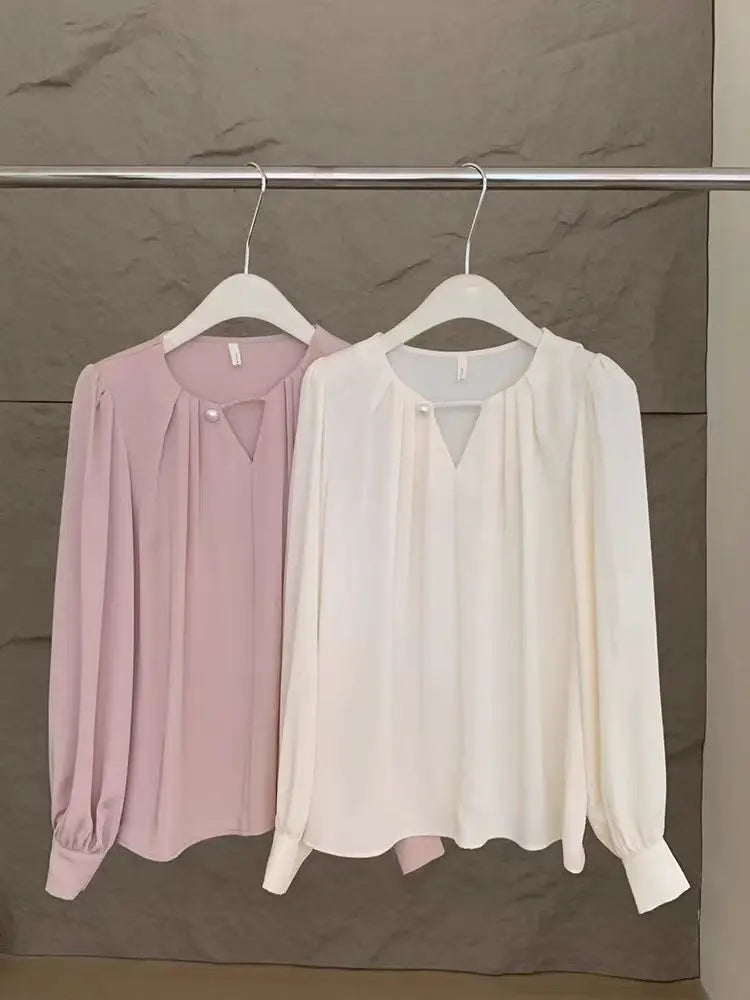 Autumn Spring Office Lady Blouse Elegant Korean Fashion Long Sleeve Shirt Women's Tops White Pink With Pearl Female Office Wear