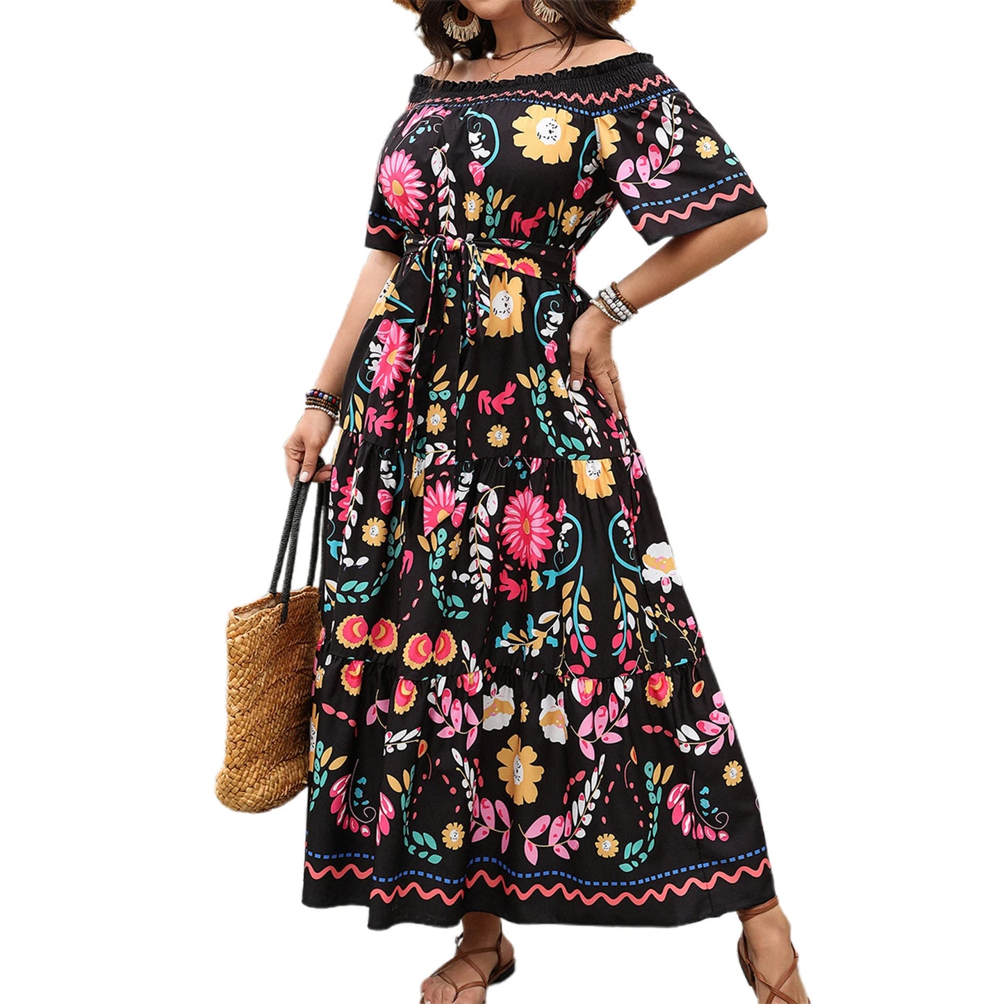 Women s Floral Print Off-Shoulder Maxi Dress Elegant Summer Swing Dress for Beach Vacation or Special Occasions