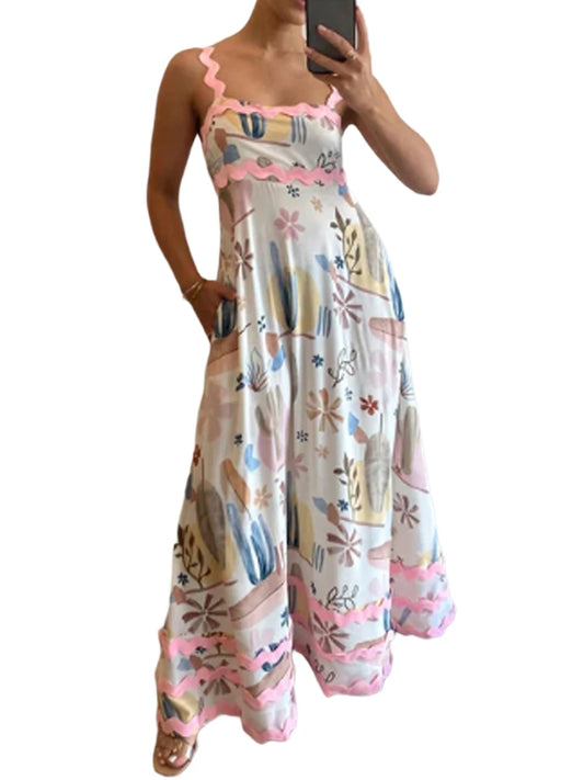 Women s Long Cami Dress Floral Leopard Print Sleeveless Square Neck Backless A-Line Ric Rac Dress