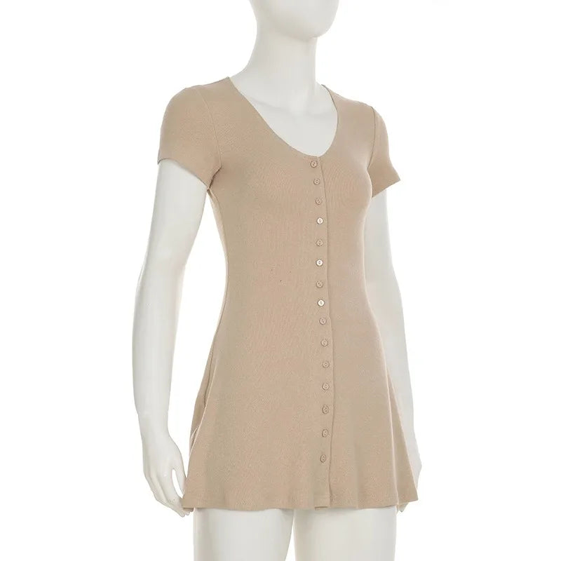 2025 Summer New Knitted Mini Dress Female Elegant V Neck Buttons Short Sleeve Dress High Elasticity Casual Women's Dress