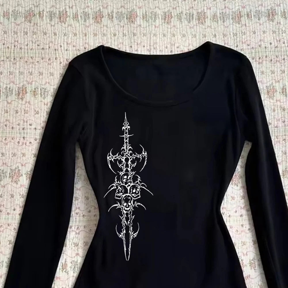 Yedinas Korean Fashion Graphic Tees Slightly Transparent T Shirt Women Clothing Long Sleeve Loose T-shirt Streetwear Spring Tops