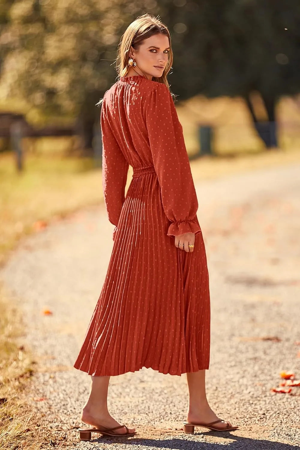 Women's Spring Fall Midi Dress Casual Long/Short Sleeve Elegant and fashionable V Neck Swiss Dot Pleated A Line Flowy Dresses