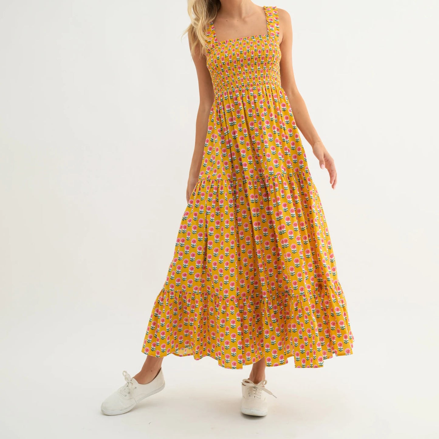 Women Boho Maxi Dress Off Shoulder Ruffle Floral Print Sleeveless Smocked Waist Long Summer Beach Dress with Pockets