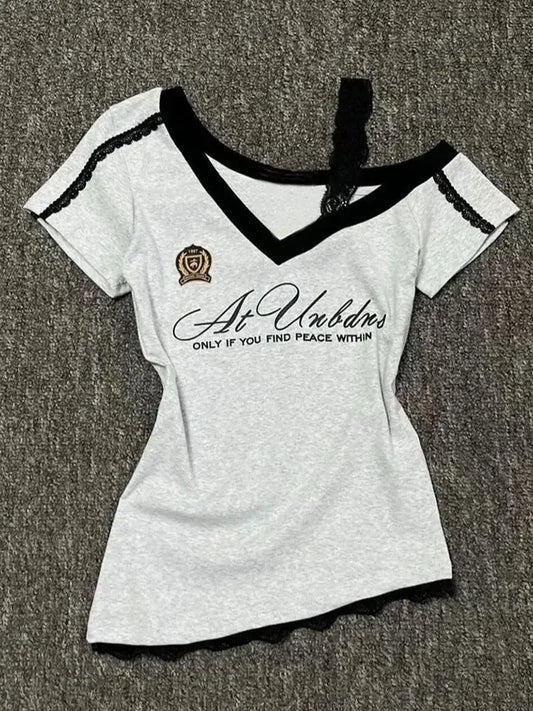 White-Gray Lace Sport Sexy Summer Off shoulder Top Women Y2k V neck Short sleeve T shirt Fashion Korean Lady Basic Tees 2025 New