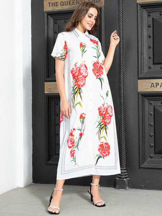Elegant style Lapel Dots Flowers Color contrast Buttons Regular sleeve Long Dresses White Dresses