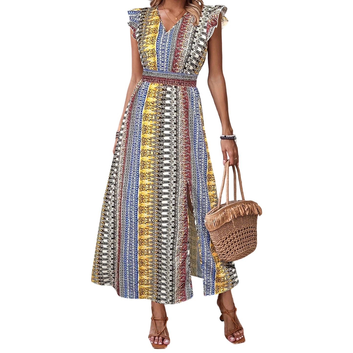 Elegant Floral Print Maxi Dress with Ruffle Sleeves and Side Slit Perfect for Summer Parties and Club Nights