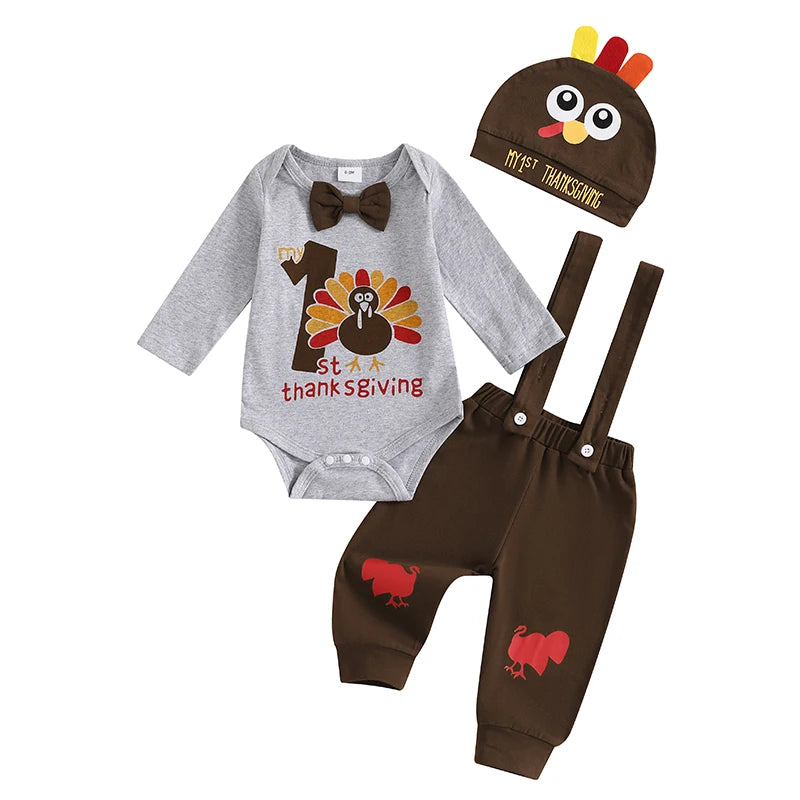Baby Boy First Thanksgiving Outfit Turkey Print Long Sleeve Romper Suspender Pants Hat 3 Piece Set for Fall