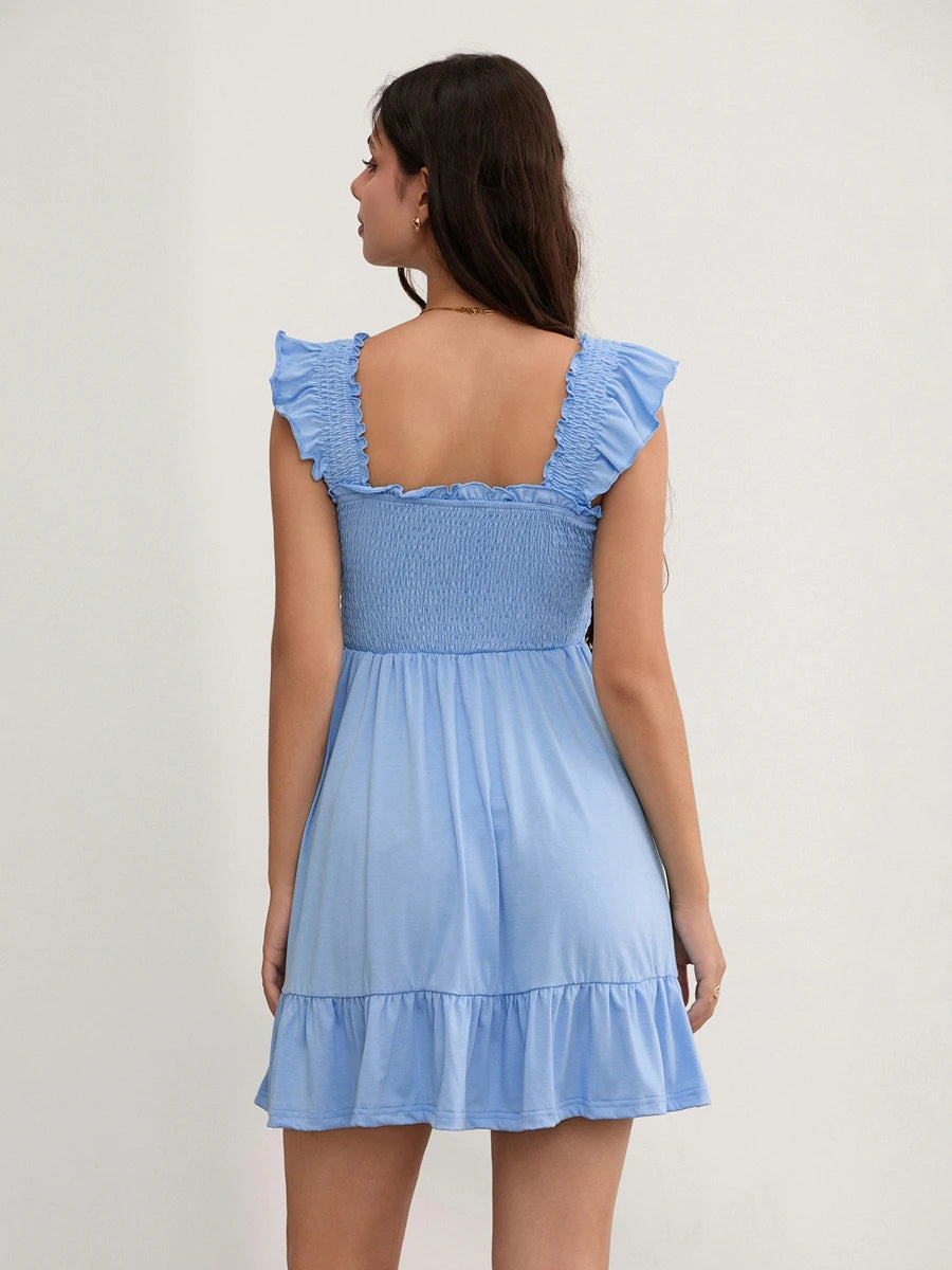 Women Solid Color Mini Dress Fly Sleeve Ruched A-line Dress Fashion Summer Casual Dress