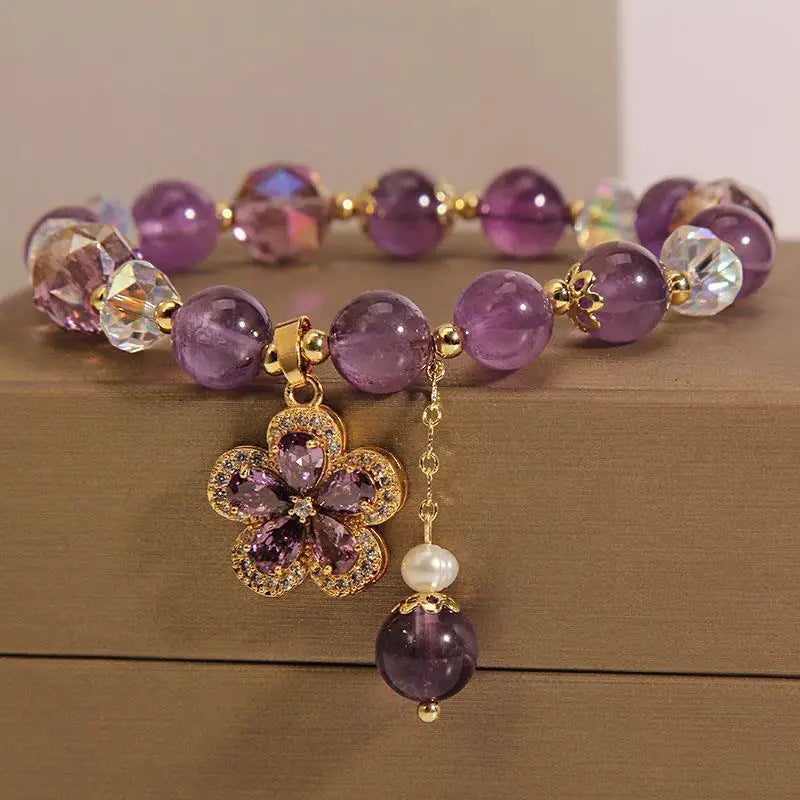 Natural Amethyst Bracelet for Women, Floral Boho Chic Crystal Beads Handmade Adjustable Student Gift, Minimalist Dainty Jewelry