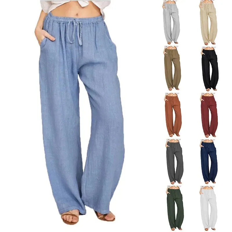 Women's Cotton Linen Pants Casual Loose Solid Elastic Waist Pocket Straight Trousers Ladies Oversize Wide Leg Pant Streetwear