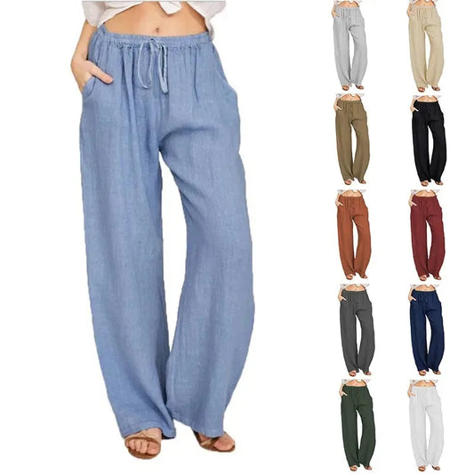 Women's Cotton Linen Pants Casual Loose Solid Elastic Waist Pocket Straight Trousers Ladies Oversize Wide Leg Pant Streetwear
