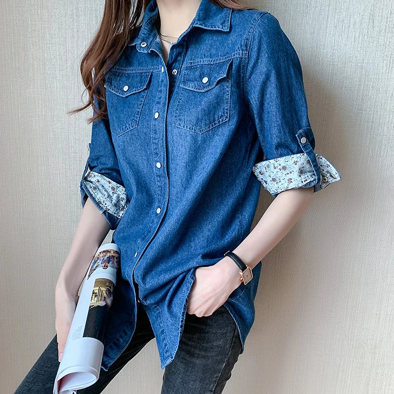 Women's Loose Denim Shirt with Long Sleeves New Spring and Autumn Thin Top Mid To Long Length Jacket and Outer Shirt 11968