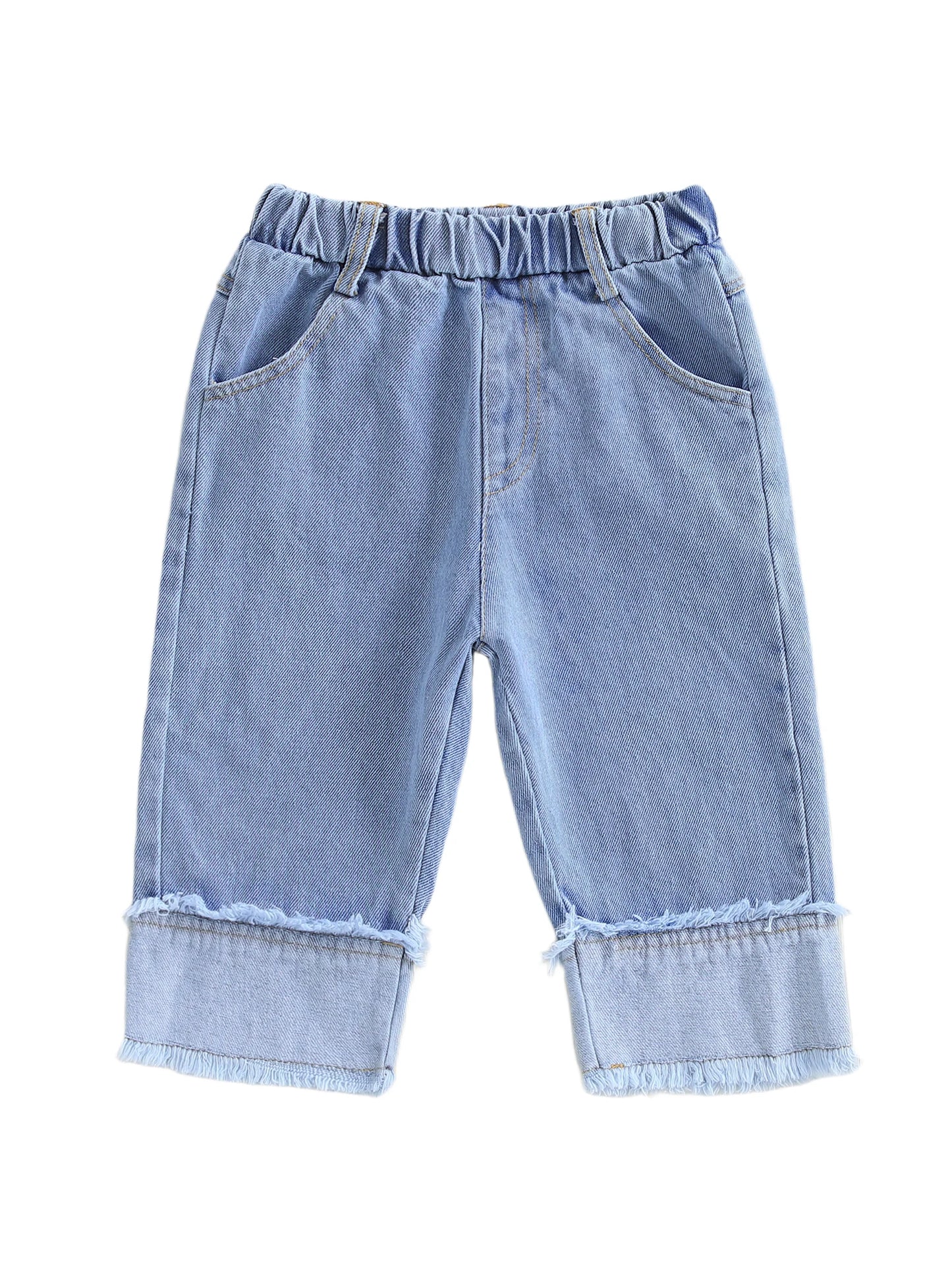 Girls Spring Summer Elastic Waistband Patchwork Denim Jeans with Pockets and Cute Embroidery Details