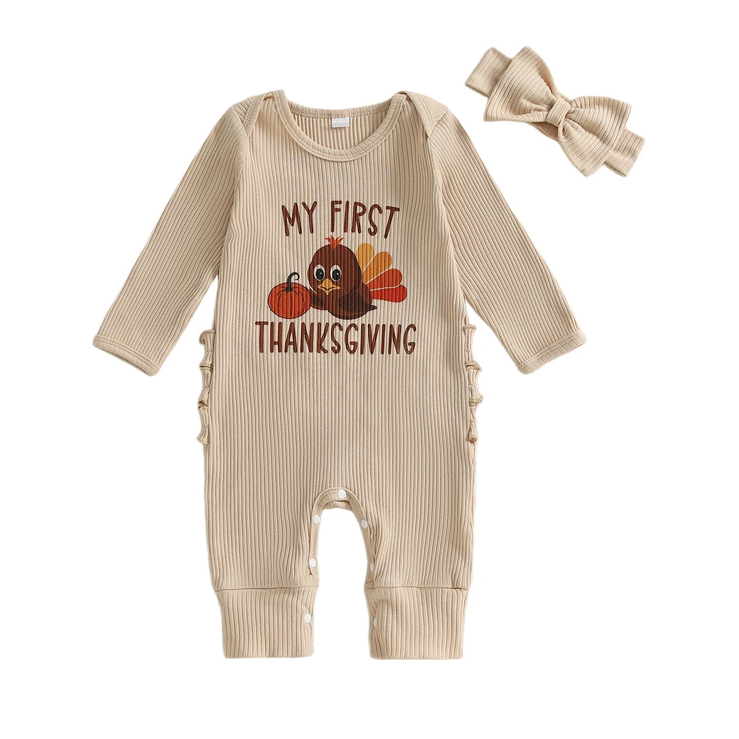 Thanksgiving Baby Girl Romper Long Sleeve O Neck Letter Turkey Print Jumpsuit with Matching Headband Set for Fall Holiday