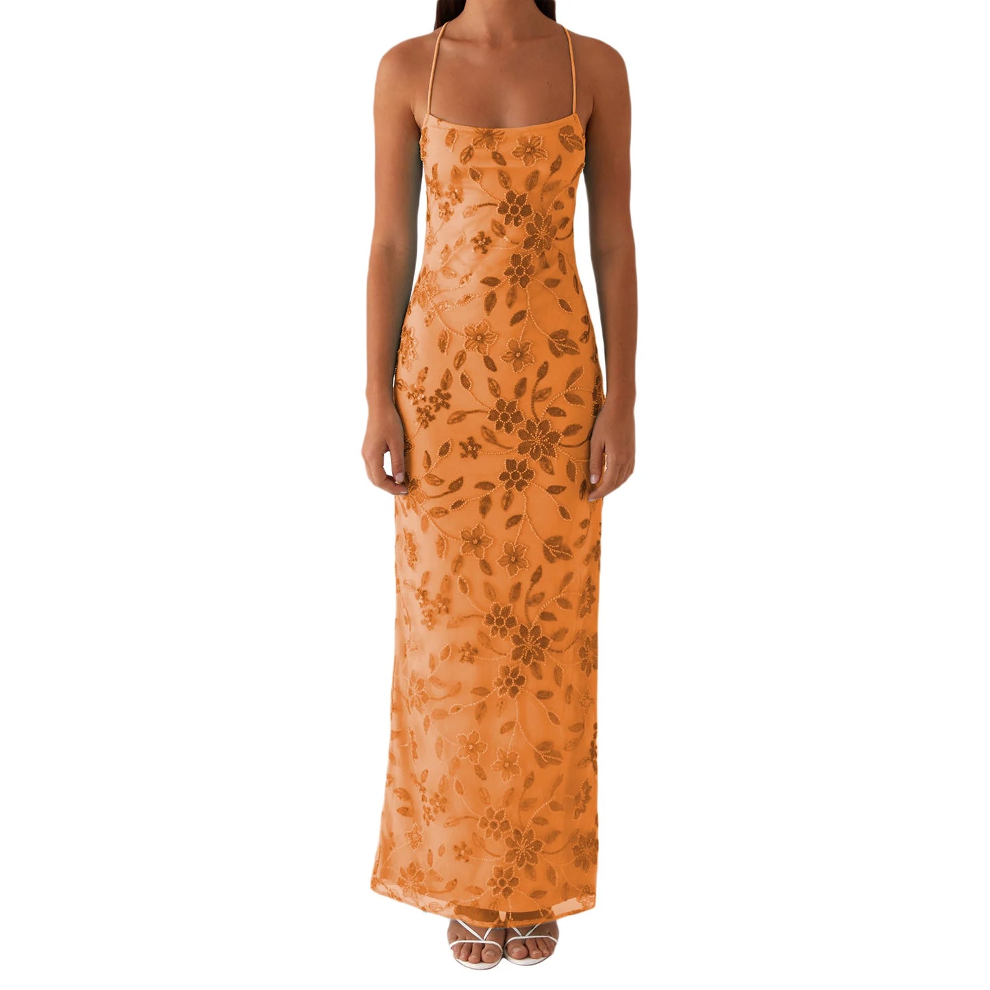 Elegant Sequin Embellished Maxi Dress with Floral Appliques and High Side Slit Perfect for Evening Party or Clubwear